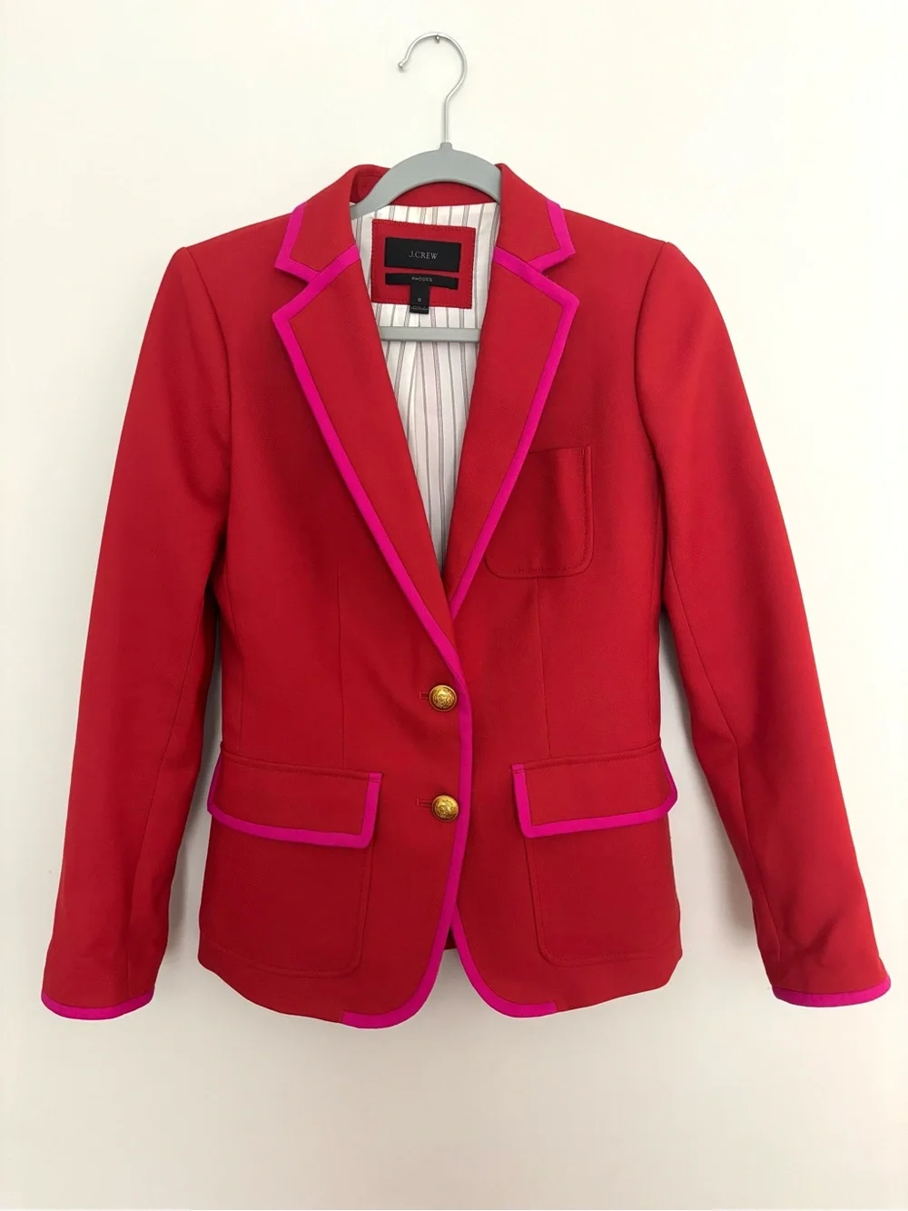 J. Crew Rhodes Red Blazer-Hot Pink Trim and Gold Button Detail Woman’s Size 0